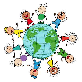 Happy people of different nationalities together around the globe celebrate the Earth Day, cartoon vector illustration