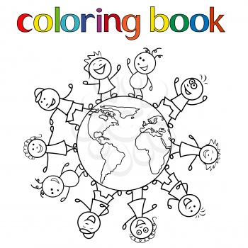 Happy unite children together around the globe, cartoon vector illustration for coloring book