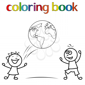 Boy and girl playing with ball as a globe, cartoon vector illustration for coloring book