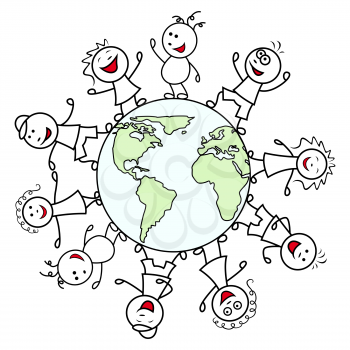 Happy unite people together around the globe celebrate the Earth Day, cartoon vector illustration