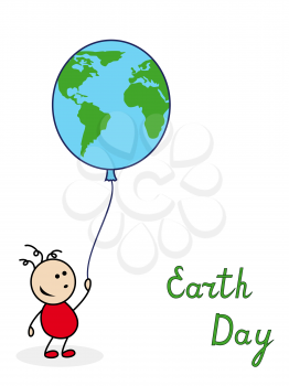 Little boy holding a large balloon with the image of globe, vector illustration with inscription Earth Day
