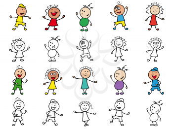Set of twenty colourful and monochrome cartoon happy cheerful simple characters of different ethnicity, hand drawing vector illustrations isolated over white