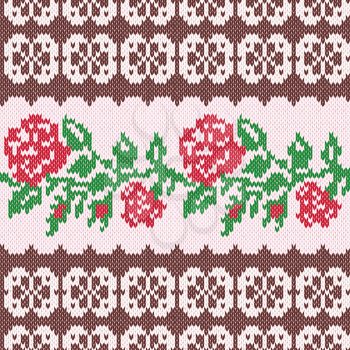 Knitted Ornamental Seamless Vector Pattern as a fabric texture with stylish Red Roses and green leaves