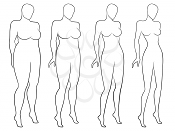 Fore stages of abstract woman on the way to lose weight, black and white laconic vector outlines isolated on white background