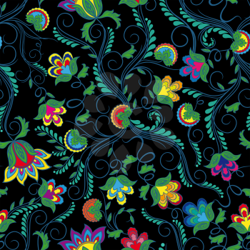 Seamless vector colourful pattern with bright beautiful flowers on the black background