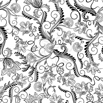 Black and white seamless pattern with doodle herbal elements, hand drown vector artwork