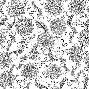 Black and white seamless pattern with outline herbal elements, hand drown vector artwork