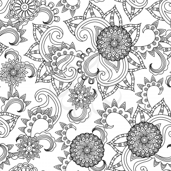 Black and white seamless pattern with outline of flowers and other herbal elements, hand drown vector artwork