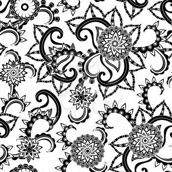 Black and white seamless pattern with stencil of flowers and other floral elements, hand drown vector artwork
