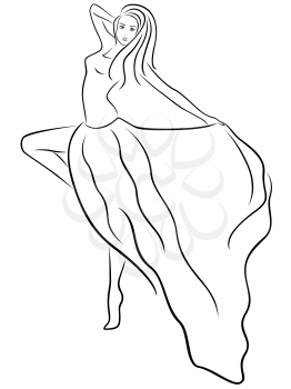 Beautiful slim woman standing on one leg and demonstrates long dress, hand drawing vector outline