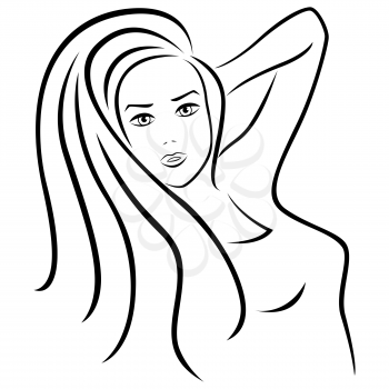 Beautiful young woman half turn portrait, hand drawing vector outline