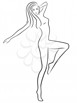 Abstract slender woman standing on one leg during fitness exercising, hand drawing vector outline