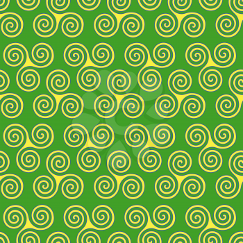 Seamless vector pattern with swirling triple spiral or Triskele, a complex ancient Celtic symbol, shapes in yellow and blue on the green background