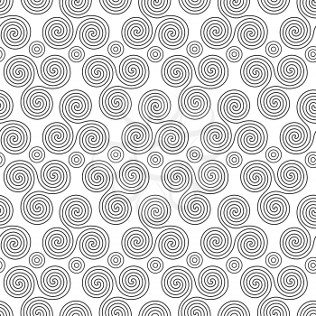 Seamless vector pattern with circles and swirling triple spiral or Triskele, a complex ancient Celtic symbol, black shapes on the white background
