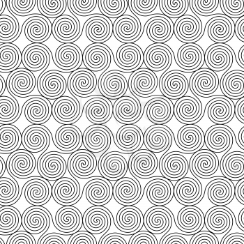 Monochrome seamless vector pattern with swirling triple spiral or Triskele, a complex ancient Celtic symbol, black shapes on the white background