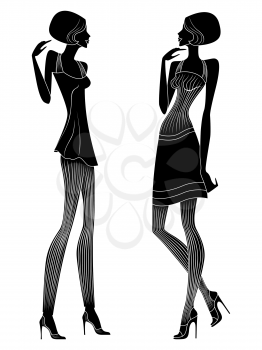 Attractive slender ladies in short dresses are talking and gesticulate, detailed hand drawing vector silhouettes