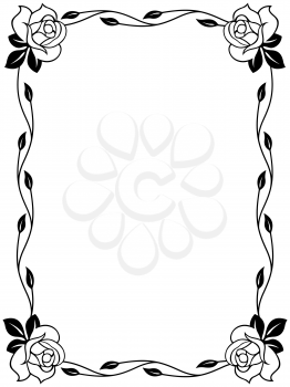 Floral ornamental frame with roses, black and white vector illustration