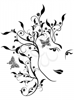 Abstract beautiful lady portrait with swirl twigs, leaves, flowers and butterflies in hair, black and white vector illustration