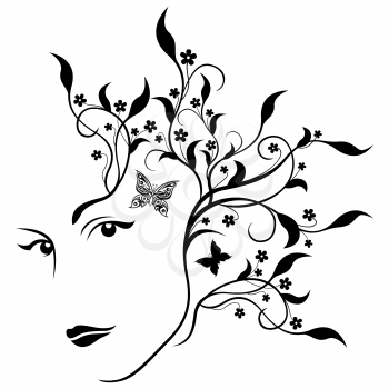 Attractive girl abstract half turn portrait with swirl twigs, leaves, flowers and butterflies in hair, black and white vector illustration