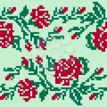 Ethnic Ukrainian floral Broidery in red and green hues, seamless vector illustration