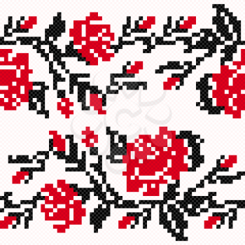 Ethnic Ukrainian Broidery in dark grey and red hues on the light pink background, simple seamless vector illustration