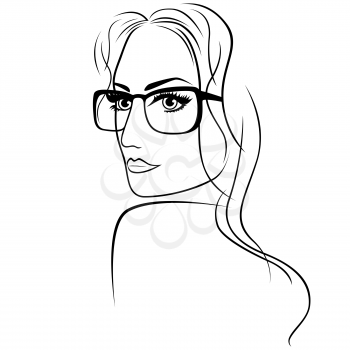 Abstract attractive young woman half turn portrait with big eyes and long hair in eyeglasses, sketching vector outline illustration