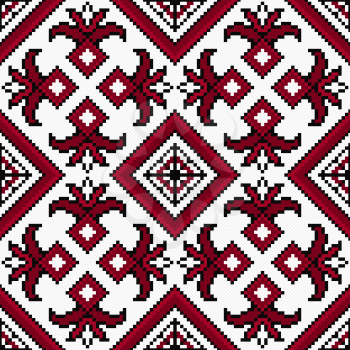 Ukrainian Ethnic geometric and floral broidery in hues of black and red on the light pink background, seamless vector pattern