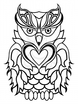 Big serious owl isolated on a white background, cartoon black and white vector outline