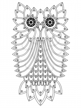 Big black ornamental owl outline isolated on a white background, cartoon vector illustration