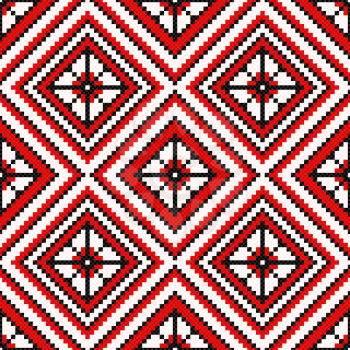 Ethnic Ukrainian multicolour geometric broidery in red and black hues, seamless vector pattern