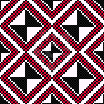 Ethnic Ukrainian contrast geometric broidery in red and black hues, seamless vector pattern