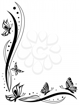 Floral greeting card with butterflies, black vector outlines on the white background with the place for text