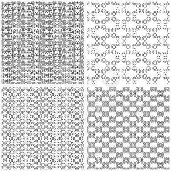 Four different seamless patterns in one file collected. Black and white vector illustration