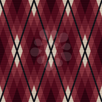 Rhombic seamless vector fabric pattern mainly in marsala color with dark gray lines