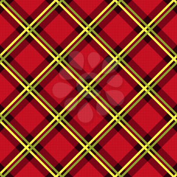 Diagonal seamless vector fabric pattern mainly in red color with green and yellow lines