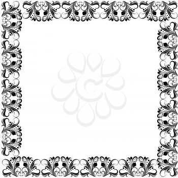 Floral ornate frame with black floral elements of leaves and flowers on the white background