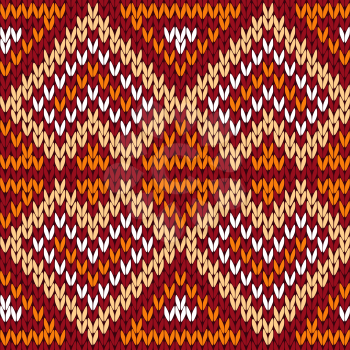 Ornamental knitting seamless vector ethnic pattern with perpendicular lines as a knitted fabric texture in warm hues of red, orange, beige and white