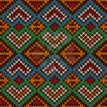 Ethnic knitting ornamental seamless vector pattern with perpendicular lines as a knitted fabric texture in blue, white, red, orange and green colors