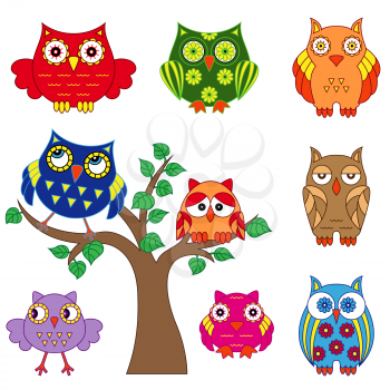 Set of various ornamental colorful owls with tree isolated on the white backgroun, cartoon vector childish illustration