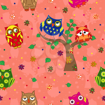 Amusing colourful owls on the terracotta background with stylized simple owls, seamless cartoon vector pattern