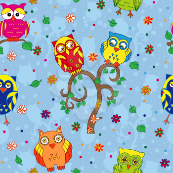 Colourful owls and tree on the blue background with stylized simple owls, seamless cartoon vector pattern