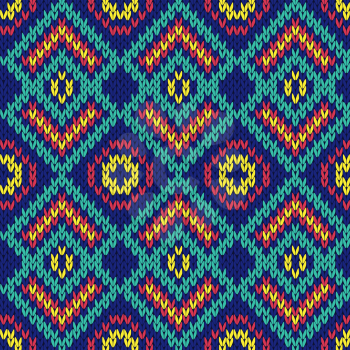 Ornamental ethnic motley knitting seamless vector pattern as a knitted fabric texture in blue, cyan, red and yellow colors
