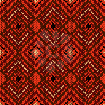 Ornamental ethnic knitting seamless vector pattern as a knitted fabric texture in various warm hues