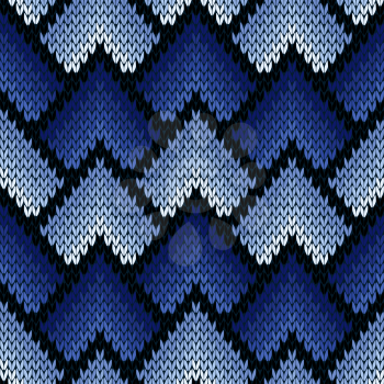 Abstract ornamental knitting seamless vector pattern as a knitted fabric texture with various transition hues of blue color
