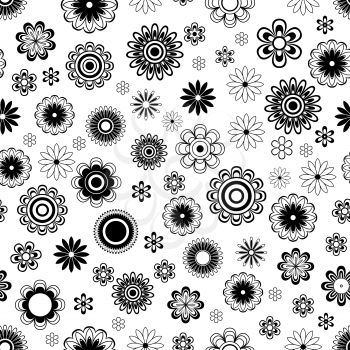 Decorative stylized black flower outlines on the white background as a fabric texture, contrast seamless vector pattern