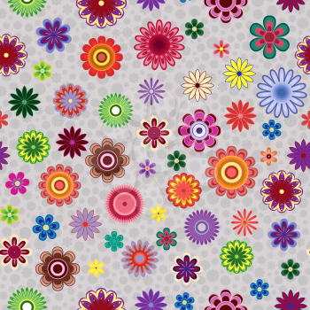 Bright colourful decorative stylized flowers on the greyish background as a fabric texture, seamless vector pattern
