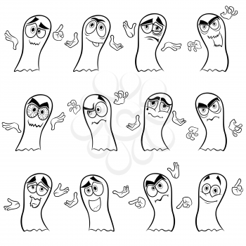 Set of twelve funny ghost outline with various characters isolated on a white background, cartoon Halloween vector illustration