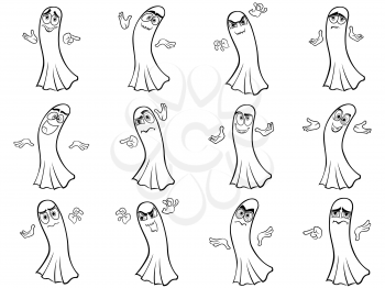 Set of twelve amusing ghost outline with various characters isolated on a white background, cartoon Halloween vector illustration