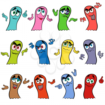 Set of twelve amusing colorful ghosts with various characters isolated on a white background, cartoon Halloween vector illustration