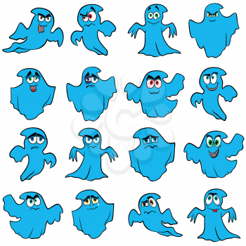 Collection of sixteen amusing blue flying ghosts with various characters isolated on a white background, cartoon Halloween vector illustration